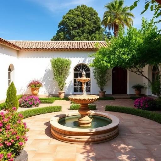 Un cortijo andaluz renovado con elegancia, mostrando su patio interior con flores y una fuente.