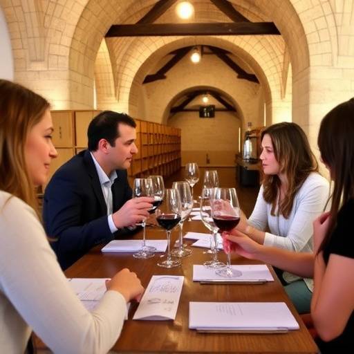 Un grupo de personas disfrutando de una cata de vinos en una bodega de Jerez, guiados por un experto.